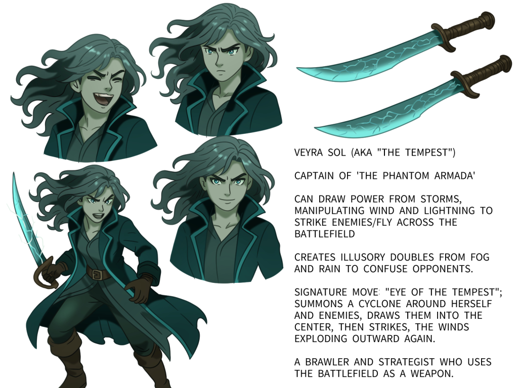 multiple drawings of Veyra Sol, three depicting different emotions and one mid-battle. drawings of her teal sword, as well.
Text reads:
"VEYRA SOL (AKA "THE TEMPEST") 
CAPTAIN OF 